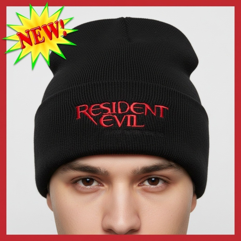 Resident Evil Beanie Hat Vintage 2002 Promo‎ Black Embroidered Logo Horror Knit